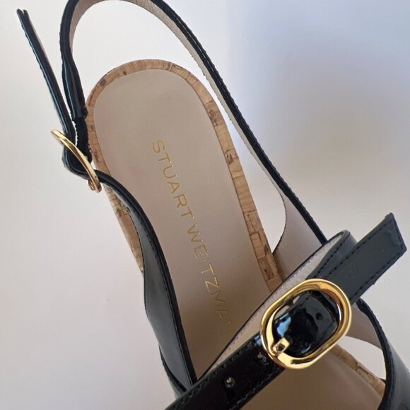 Stuart Weitzman Dayna Wedge Sandals Black Patent Leather Size 37 US6.5B - Picture 7 of 13